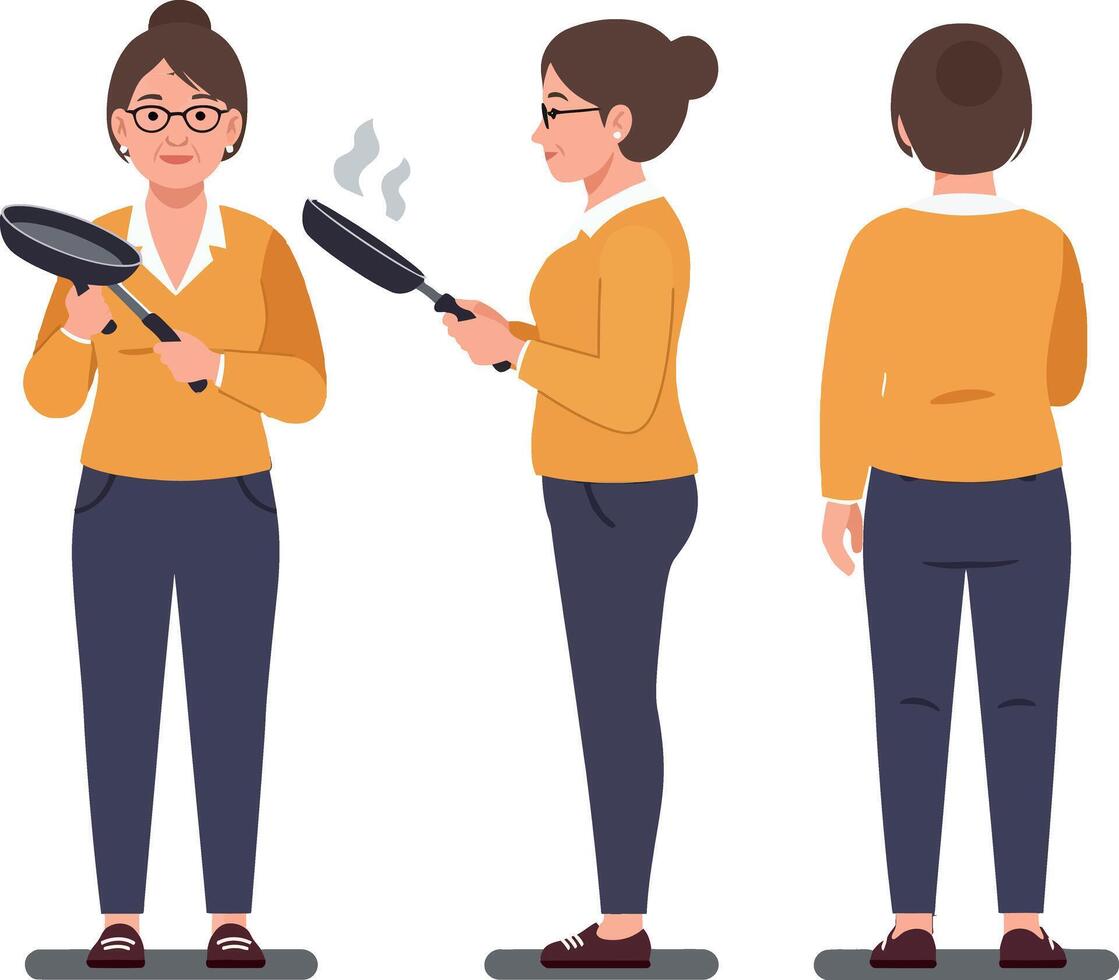 A woman in a yellow sweater holding a frying pan, showcasing a flat design style in cheerful art vector