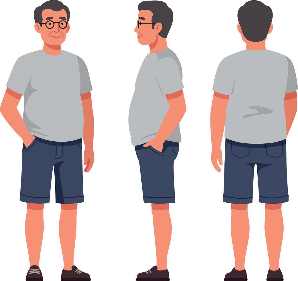 Happy elderly man wearing glasses and a grey t-shirt standing confidently in a casual pose, showcasing a flat illustration style vector