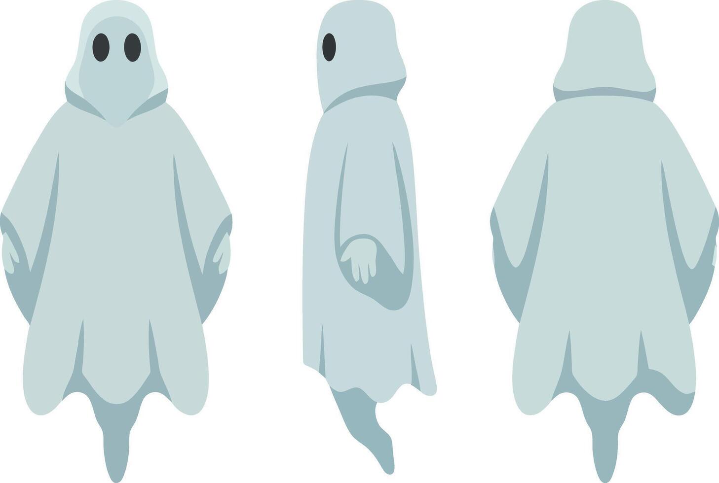 Ghost character with a playful expression shown in three different angles, flat design style, whimsical and lighthearted illustration vector