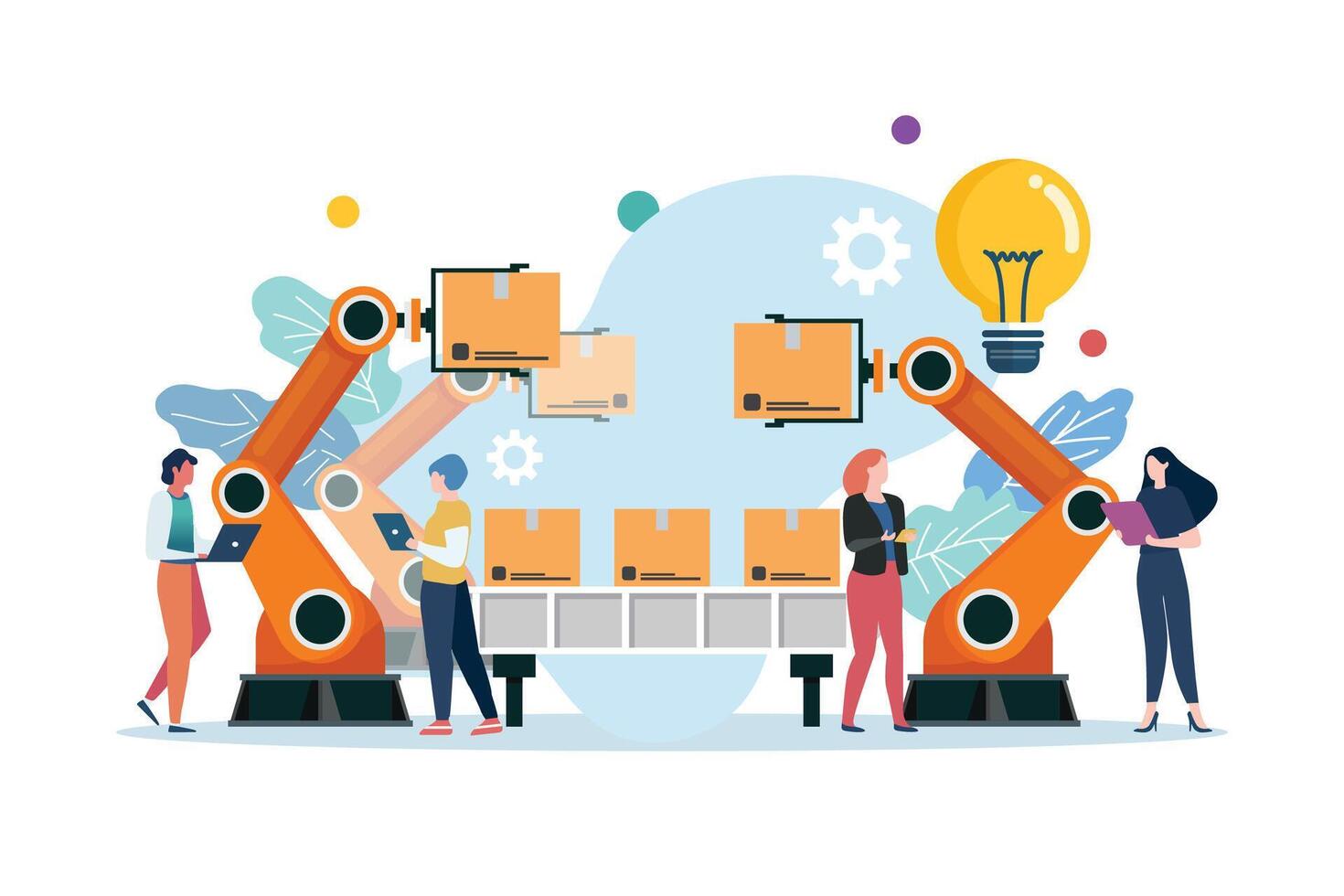 People with automation robot arm machine vector