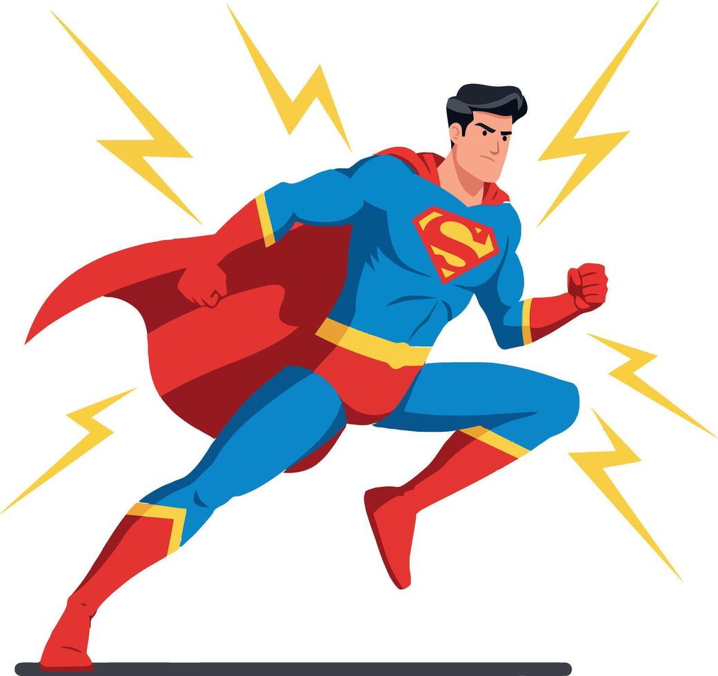 A superhero in a blue and red costume running with determination amidst yellow lightning bolts in a dynamic flat illustration vector