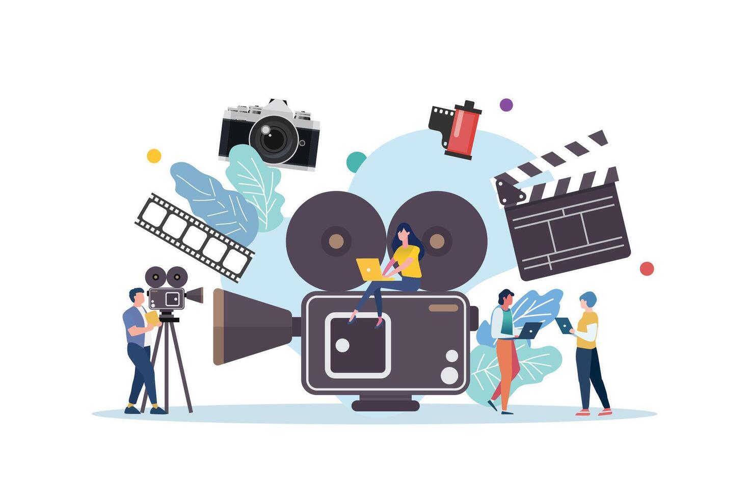 Film and media class with miniature people vector