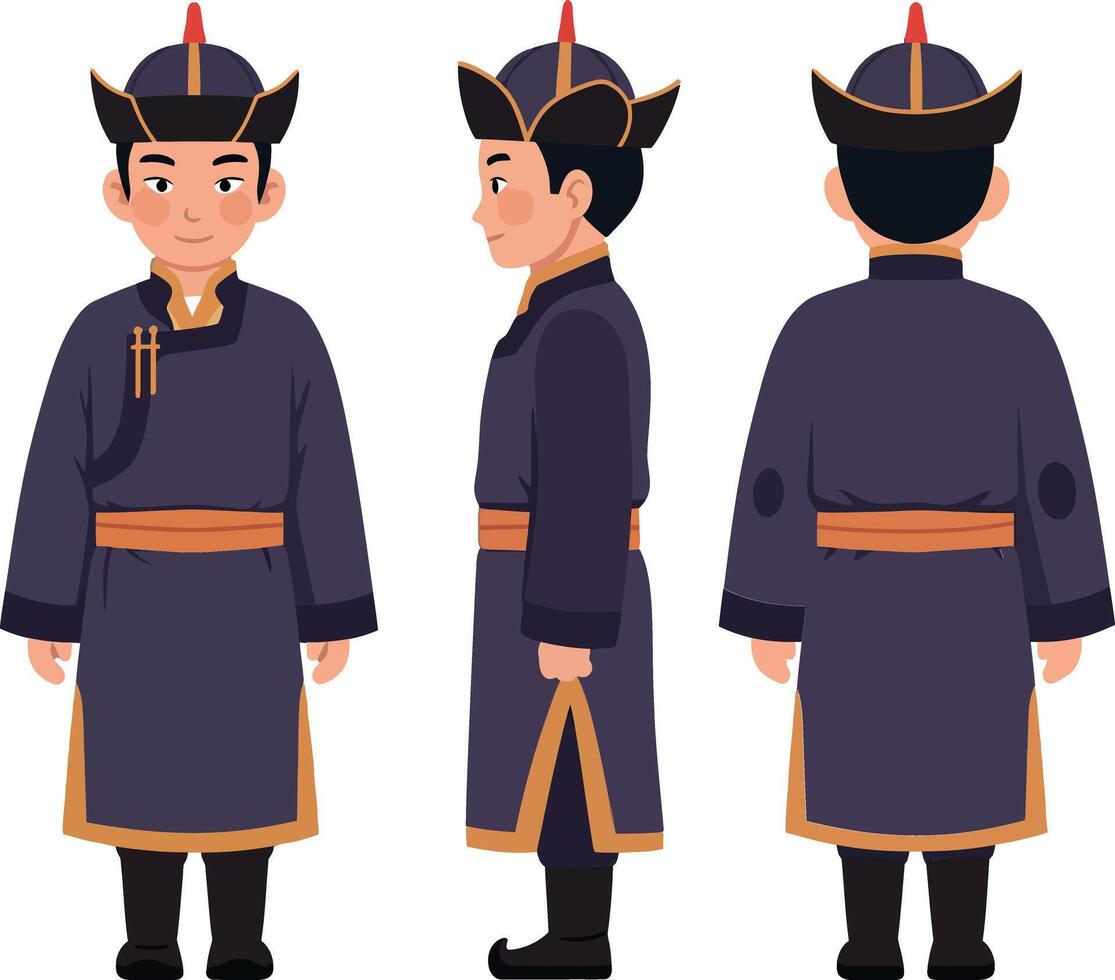 Young man dressed in traditional attire showcasing front, side, and back views in a minimal and colorful illustration vector