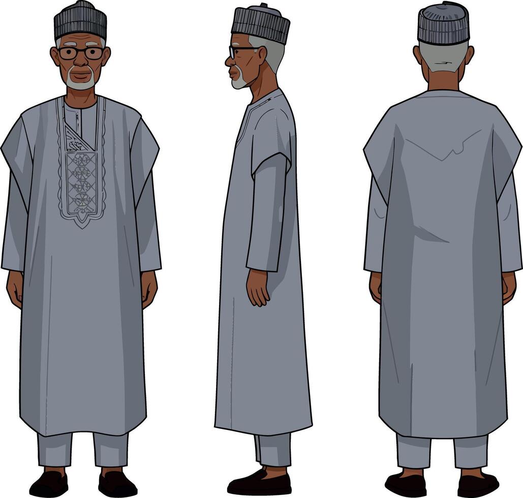 Elderly man wearing traditional attire with glasses in a minimal, detailed design showcasing multiple perspectives in illustration vector