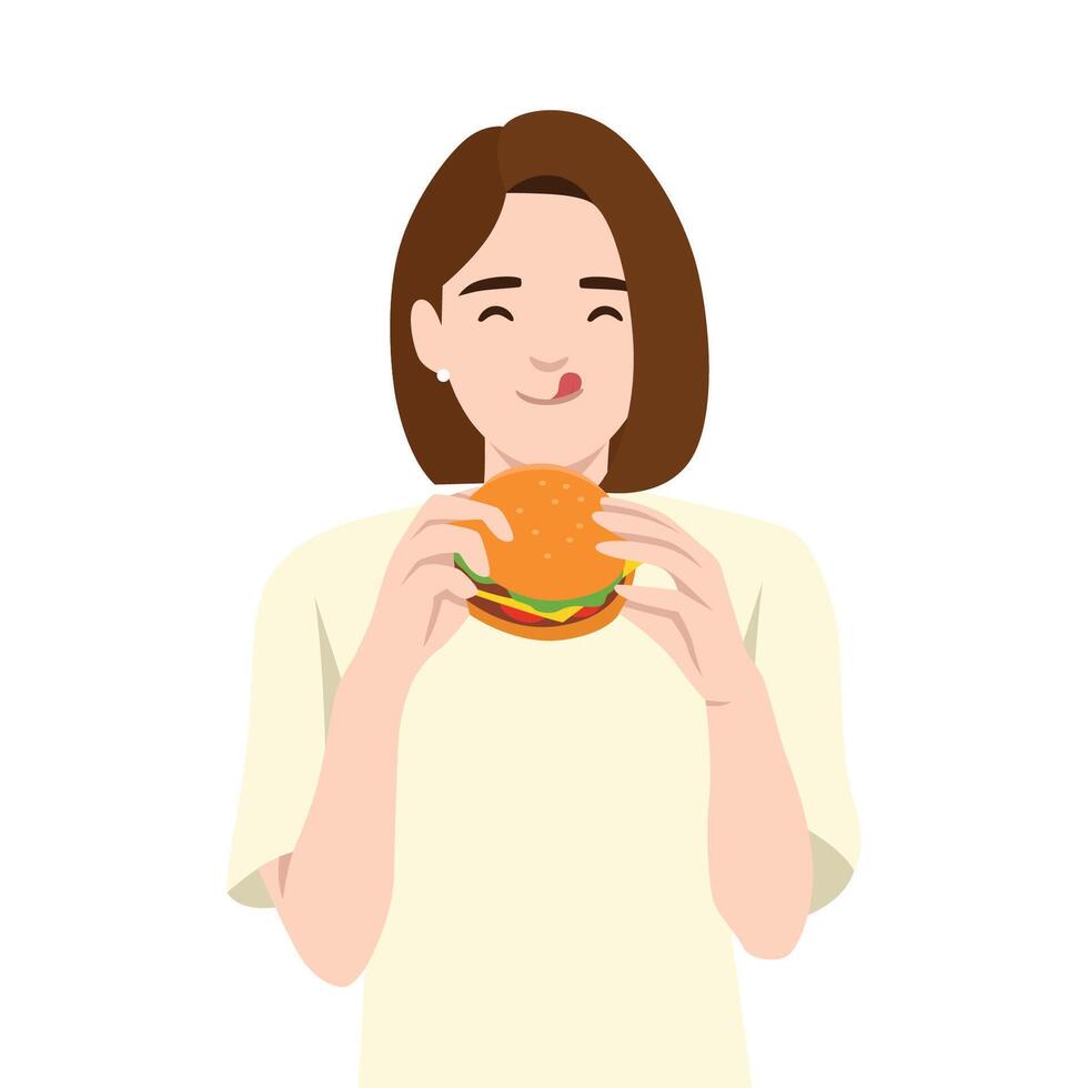 Woman with a content expression holds a delicious burger, ready to take a bite. vector