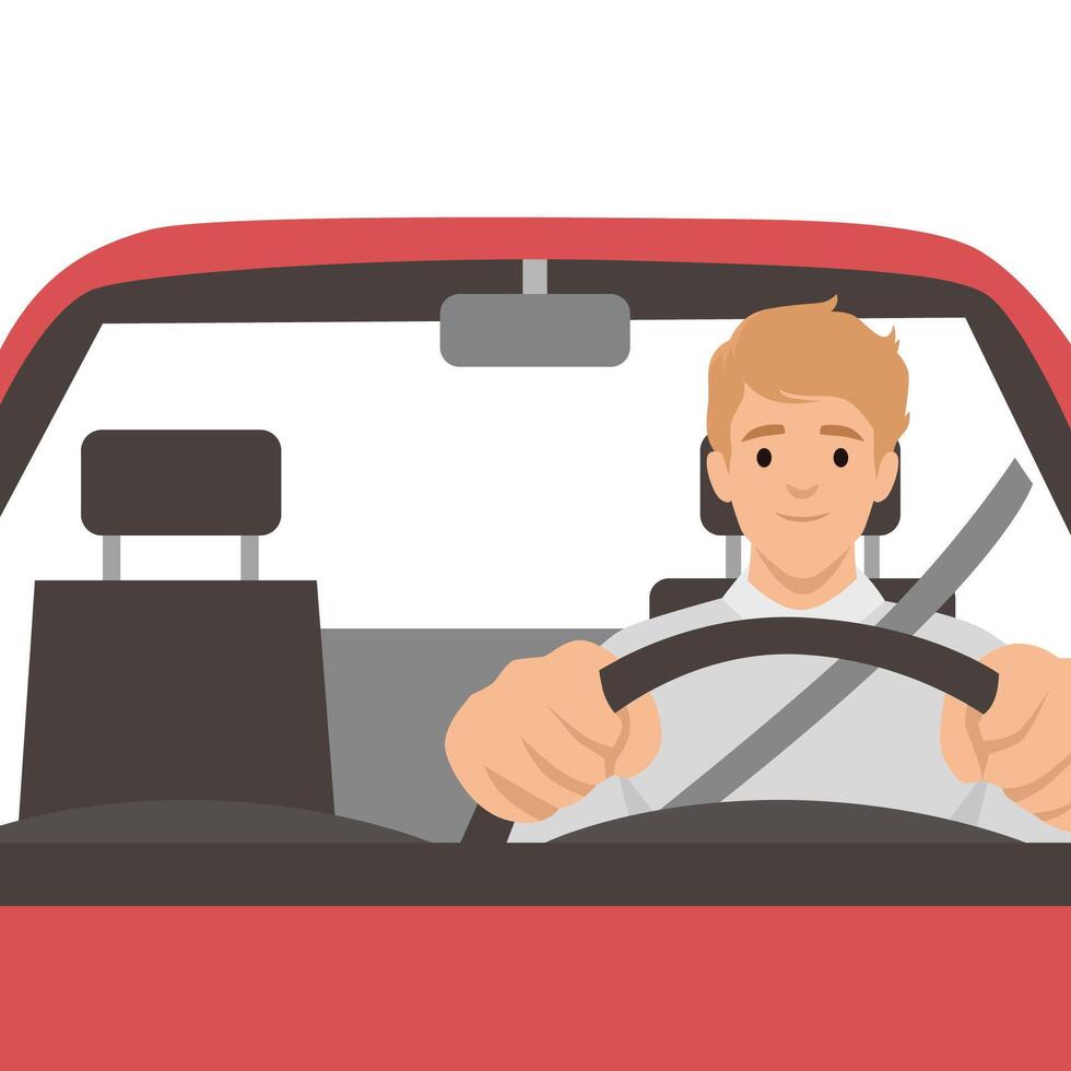Man wearing a seatbelt and holding the steering wheel with both hands, safe driving habits. vector