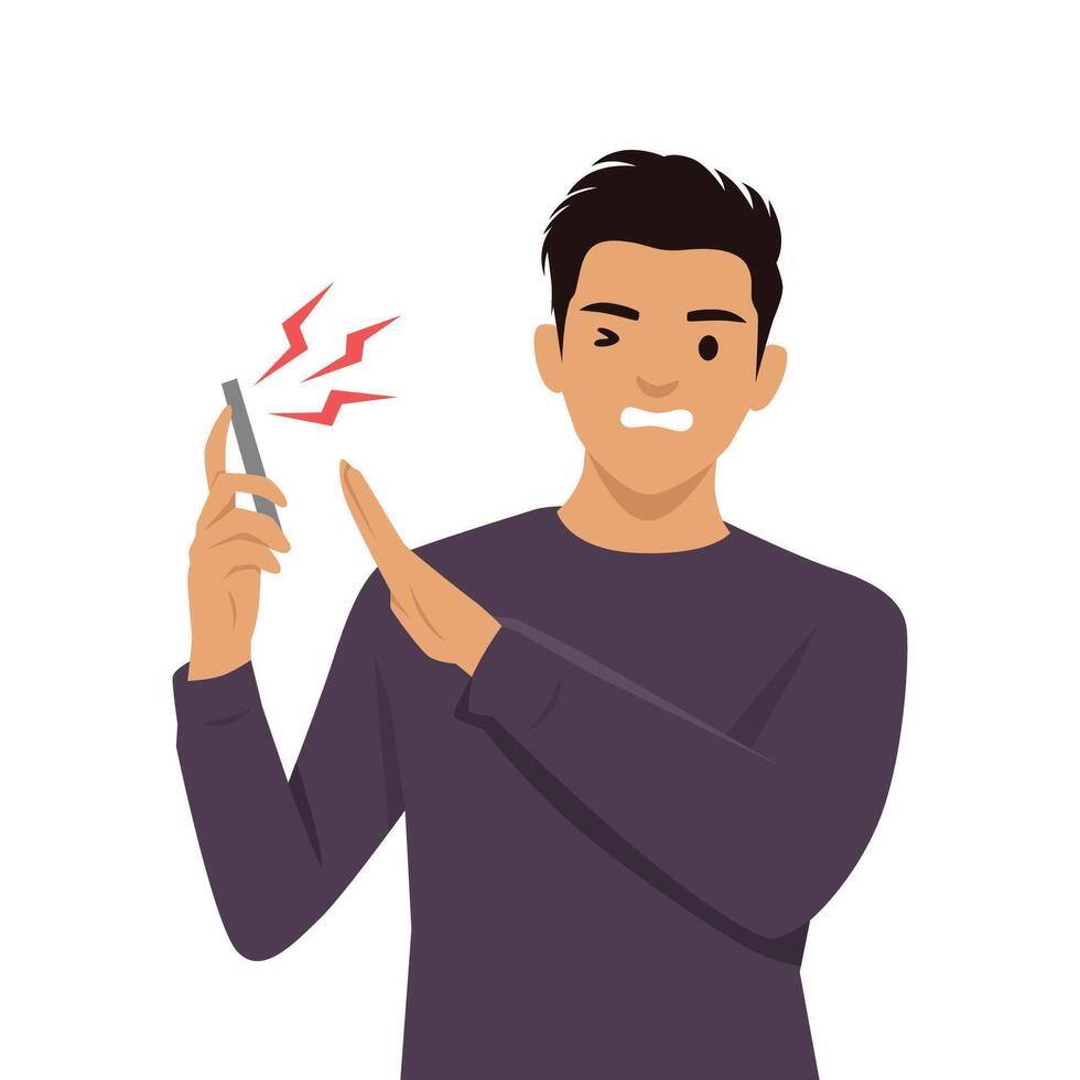 Irritated man holds a ringing phone with a grimace, raising his hand to refuse or stop the call. vector