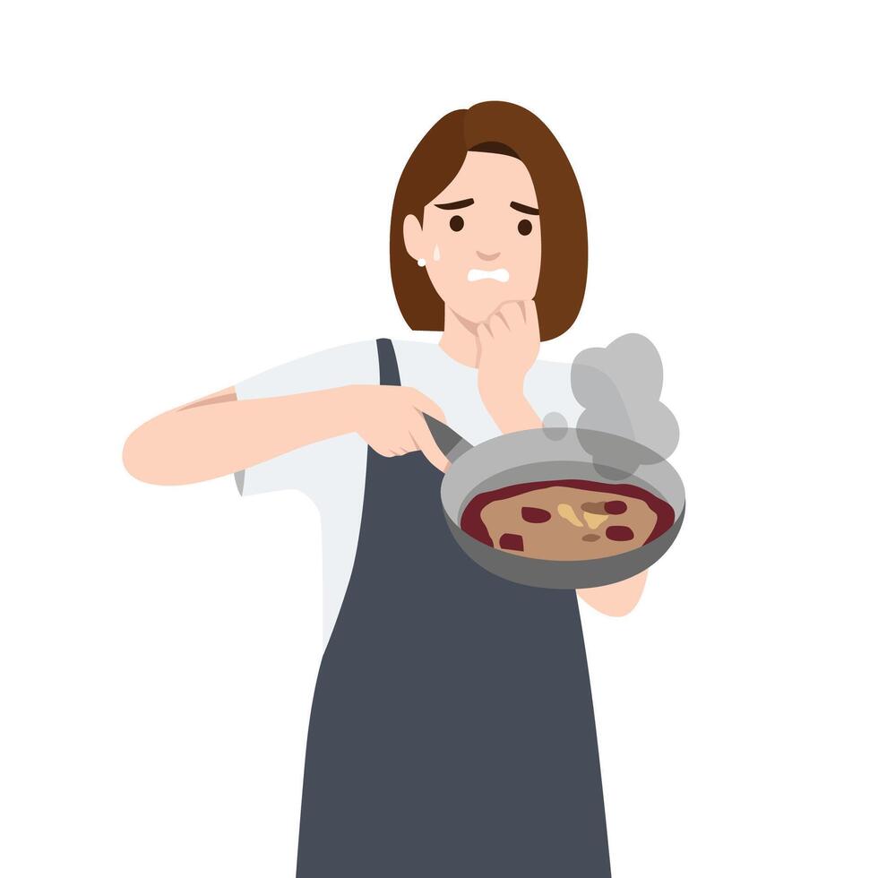 Worried woman holds a smoking pan, looking distressed after her dish doesn't turn out as expected. vector