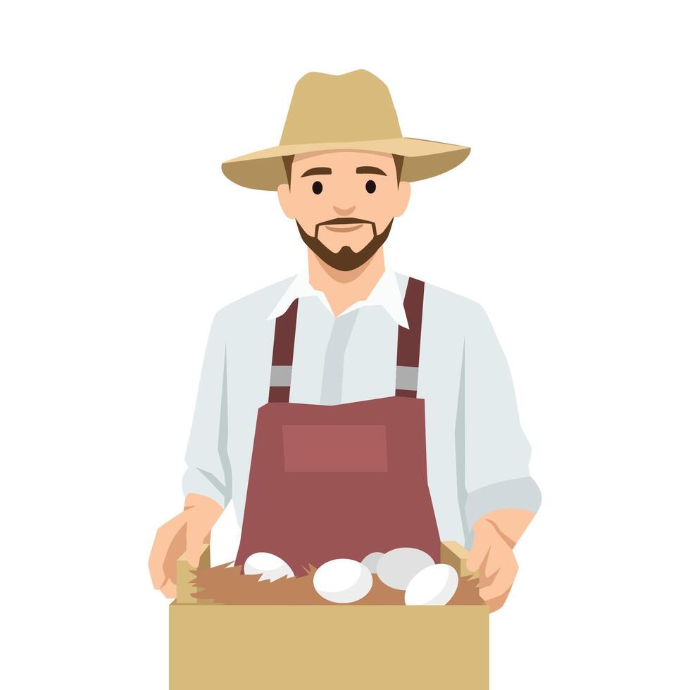 Farmer in a hat and apron holds a box filled with fresh eggs, Agricultural work and food production. vector