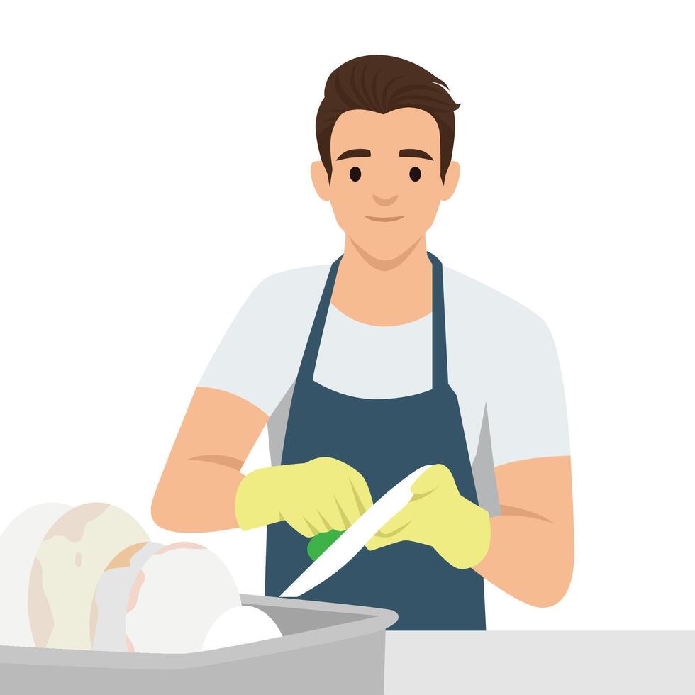 Man wearing gloves and an apron is shown happily washing dishes at a sink. vector