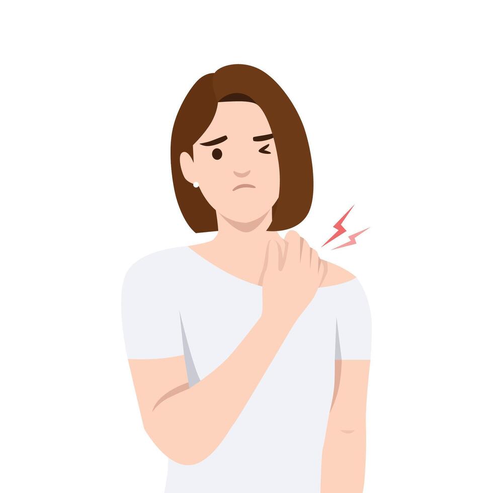 Woman is shown holding her shoulder with a pained expression, indicating discomfort shoulder pain. vector