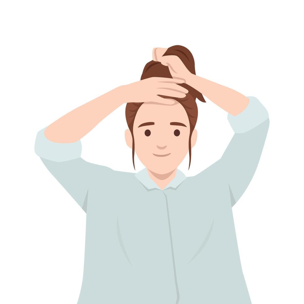 Young woman is casually tying her hair into a bun while smiling slightly, dressed in a light shirt. vector