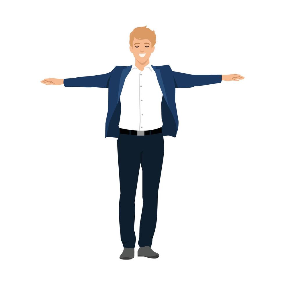 Joyful Man Embracing Freedom. Cheerful man stands with arms wide open. vector