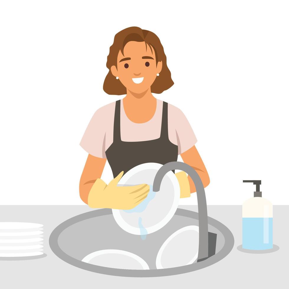 Woman with gloves and an apron smiles brightly as she washes dishes under running water at the sink. vector