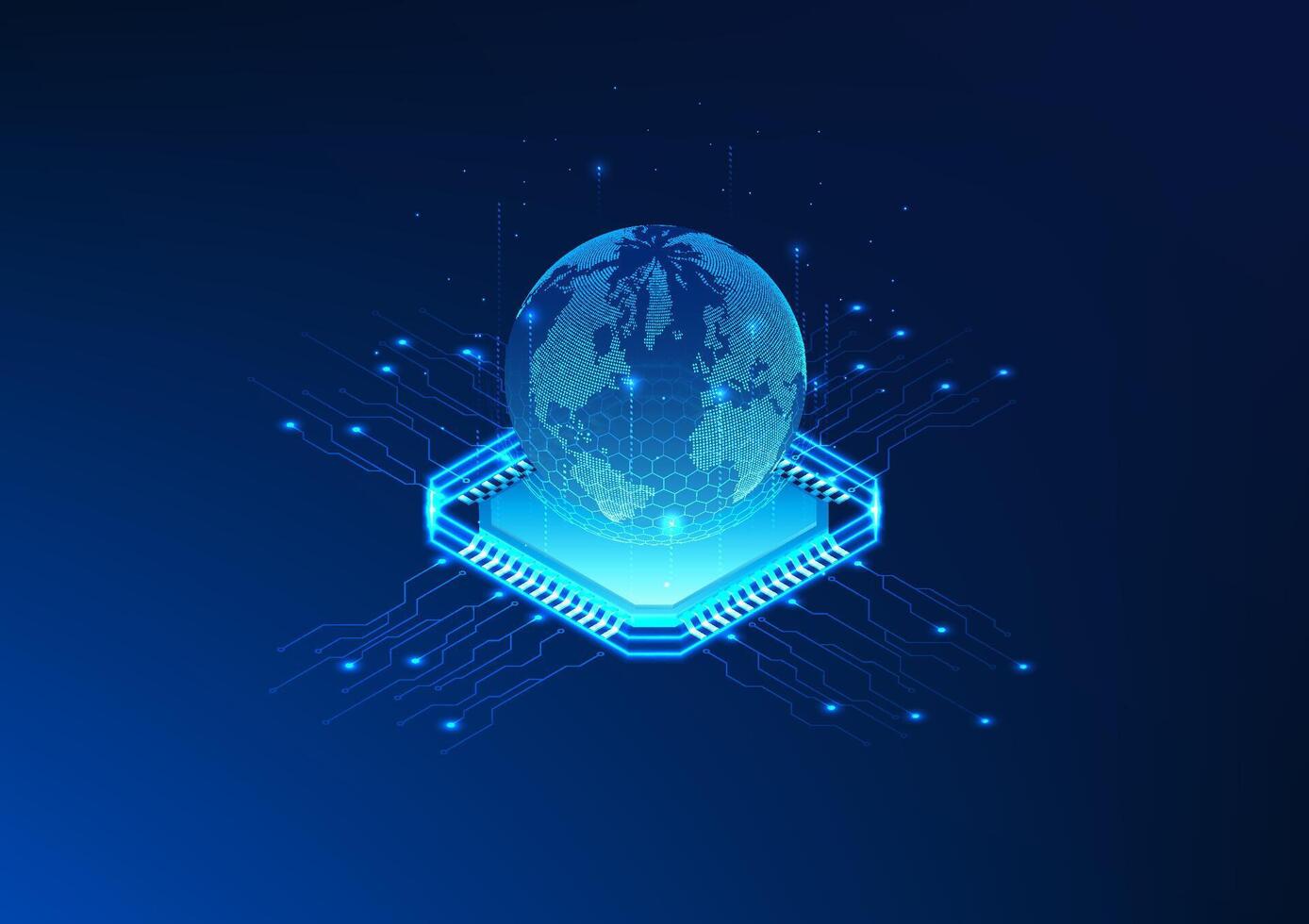 Technology, Microchip, Artificial Intelligence, Microchip with the world on top, represents AI becoming a major driving force of the world, allowing businesses and communication to develop rapidly. vector