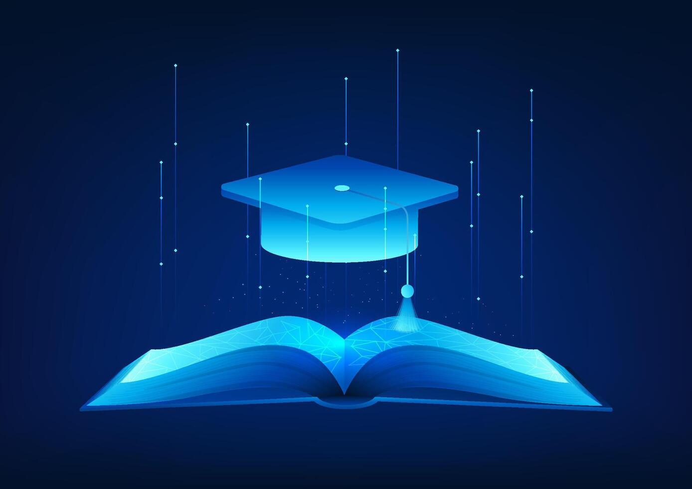 Educational Technology A book with degree cap on top represents modern education that uses technology as a medium for learning to develop rapidly, accessing learning information global network vector