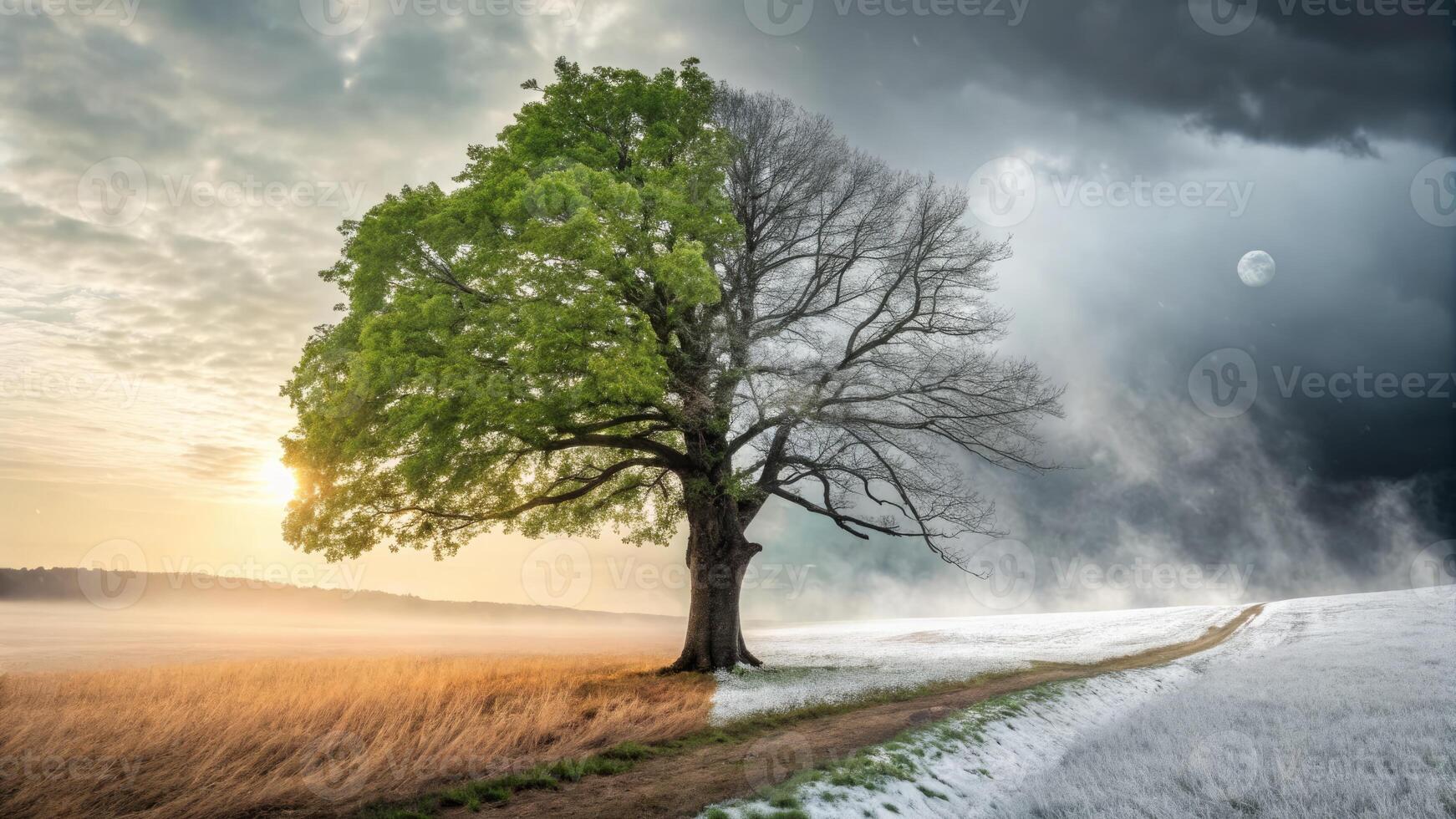 Contrast of Seasons with a Tree Dividing Light and Dark Landscapes photo