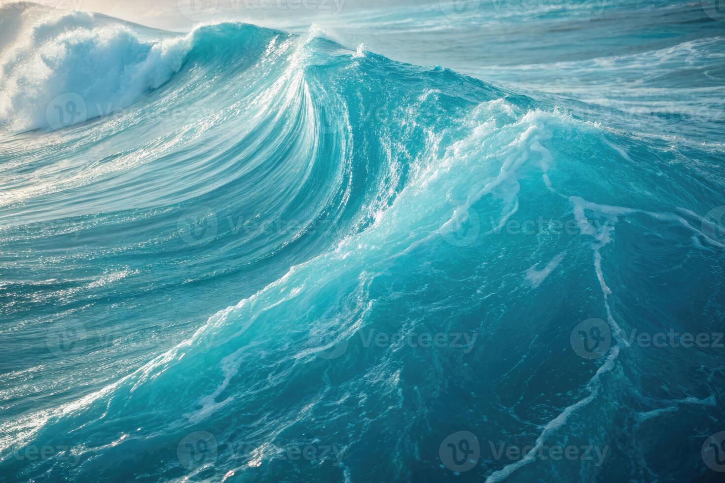 Majestic turquoise waves crash and sparkle under the sun on a serene ocean day photo