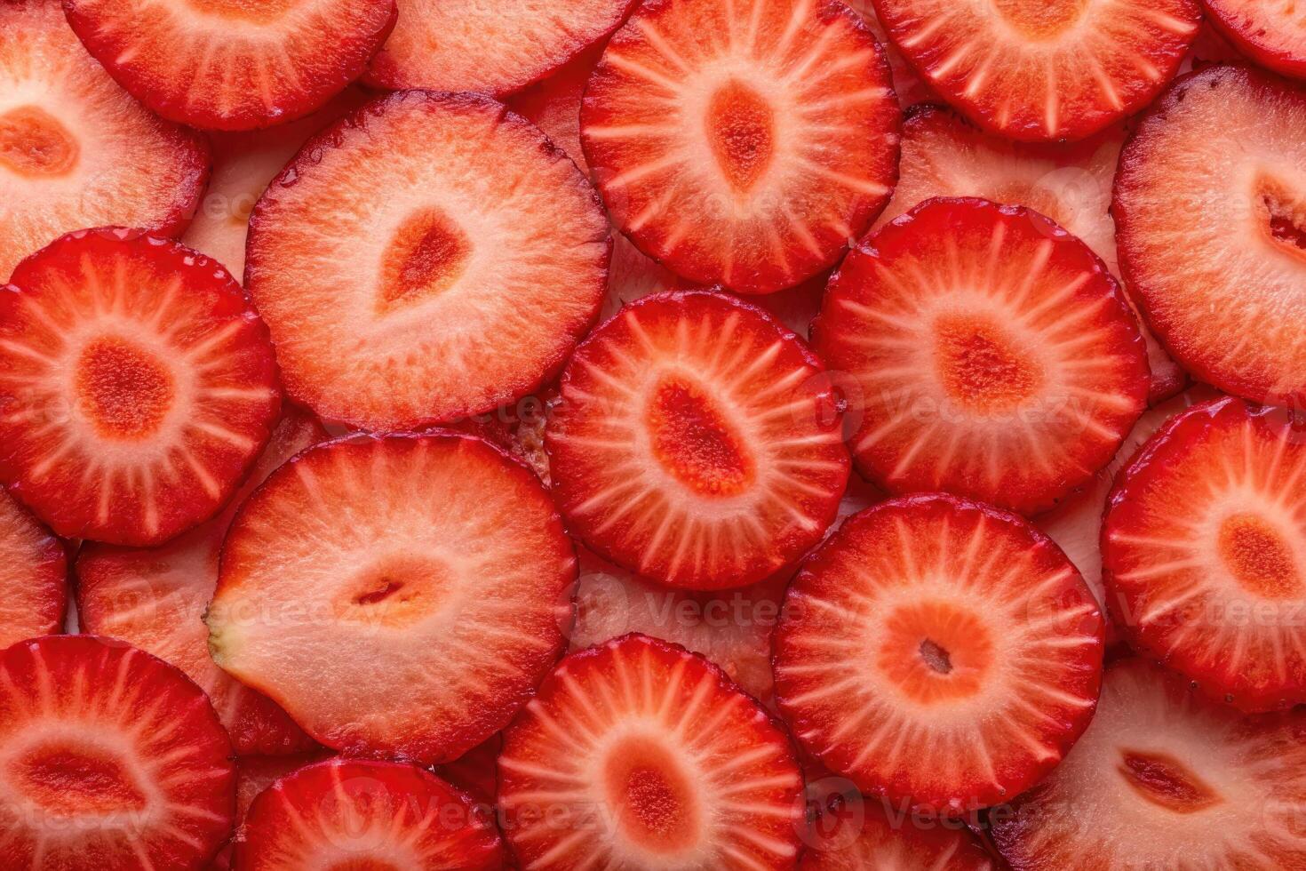 Freshly sliced strawberries create a vibrant and appetizing display in the kitchen photo