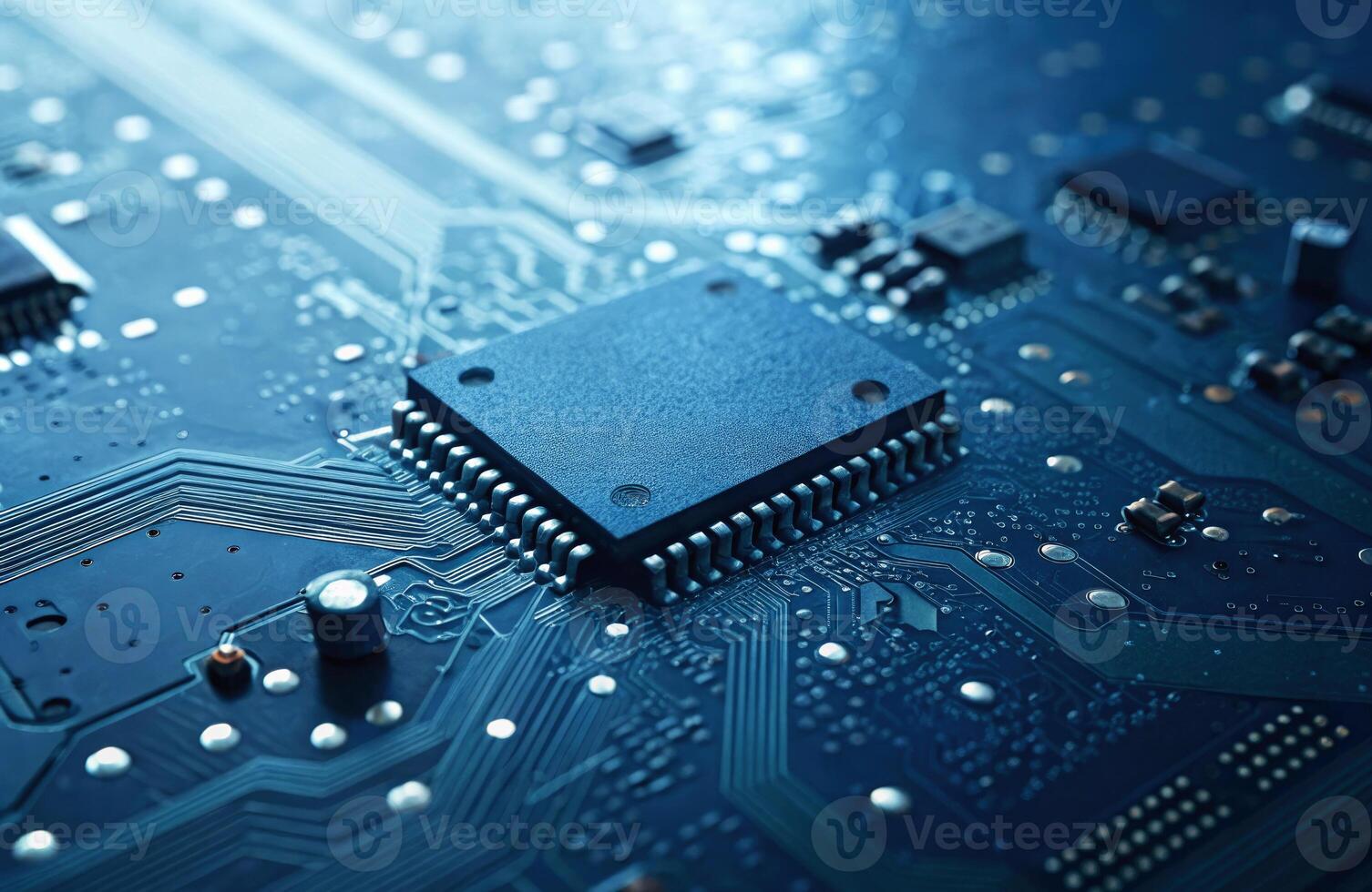 Detailed view of a blue microchip surrounded by intricate circuit board design photo