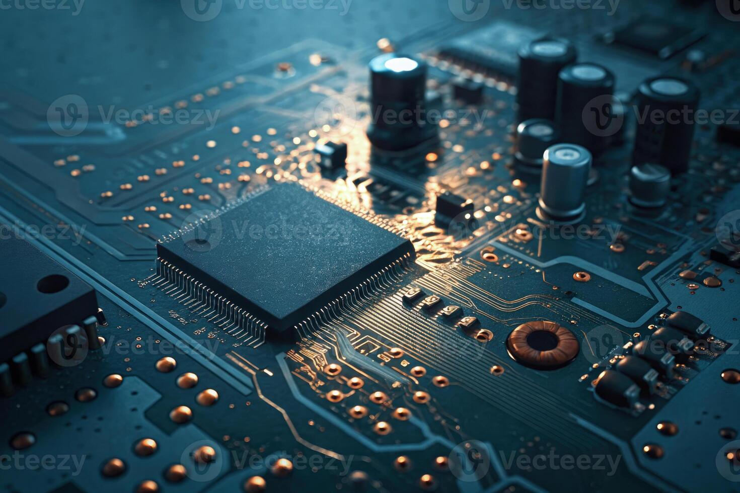 Circuit board in intricate detail showing the complexity of modern technology photo