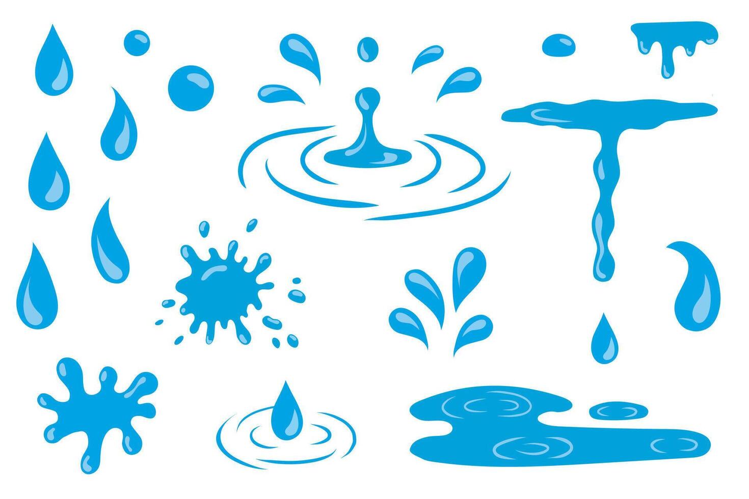 Cartoon blue water drops. Tears, nature splash elements. Isolated raindrops or sweat, wet drops dew shape. Isolated icons vector