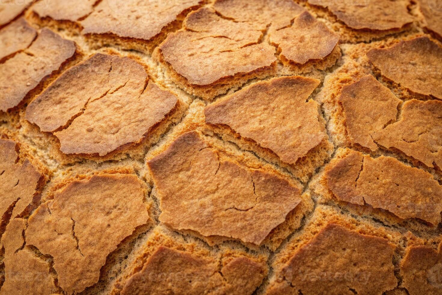 Crusty bread with a unique texture and golden brown color in warm lighting photo