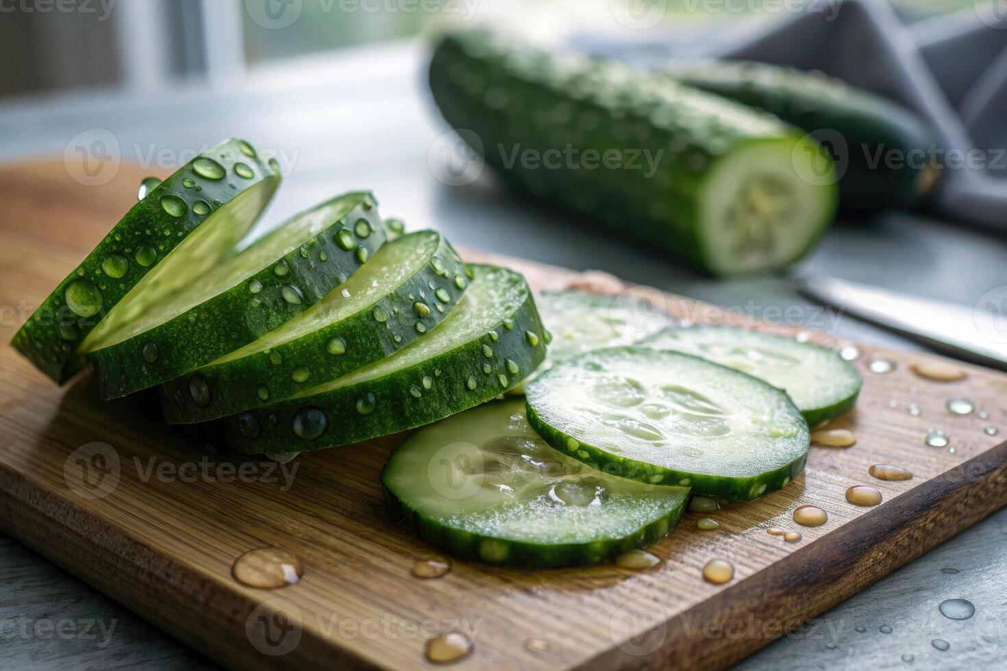 Freshly sliced cucumber on a wooden cutting board with water droplets photo