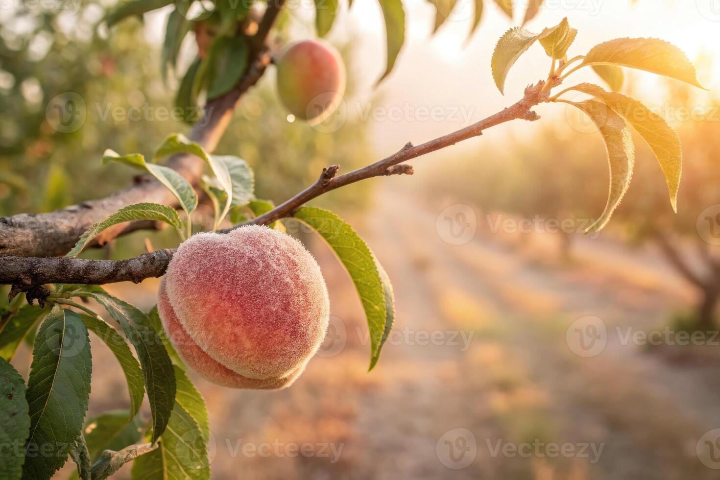 Peach tree flourishing in orchard during golden hour on a warm summer evening photo