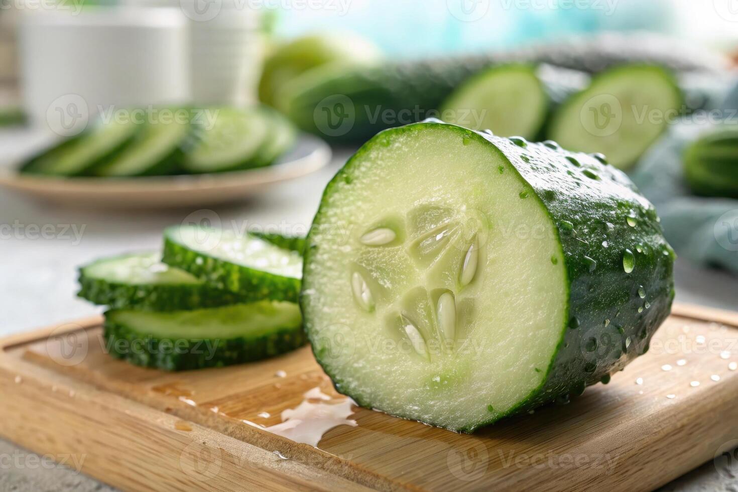 Fresh cucumber sliced on a wooden cutting board with droplets of water in a kitchen setting photo
