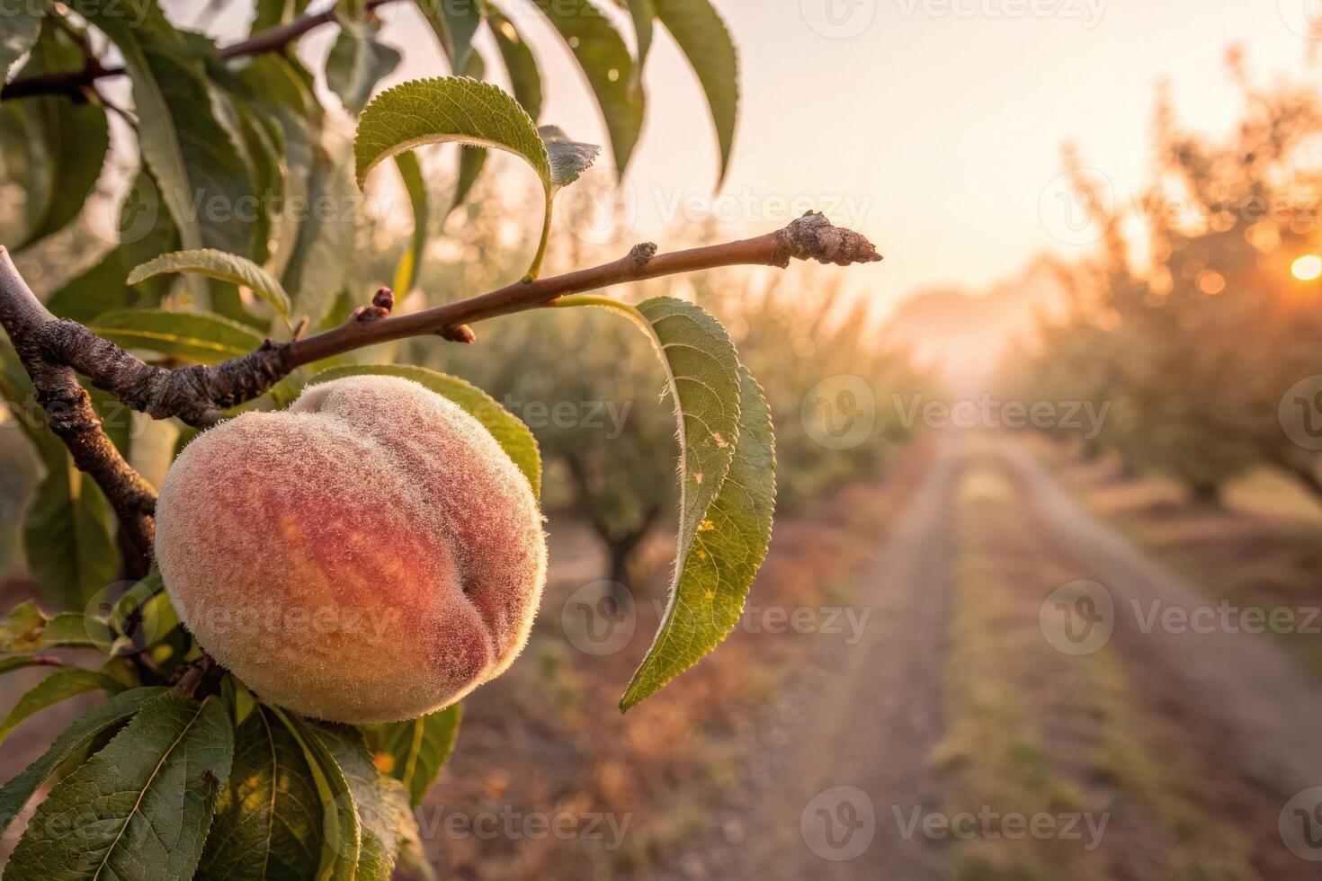 Peach ripening on branch in orchard at sunrise with mist in the air photo
