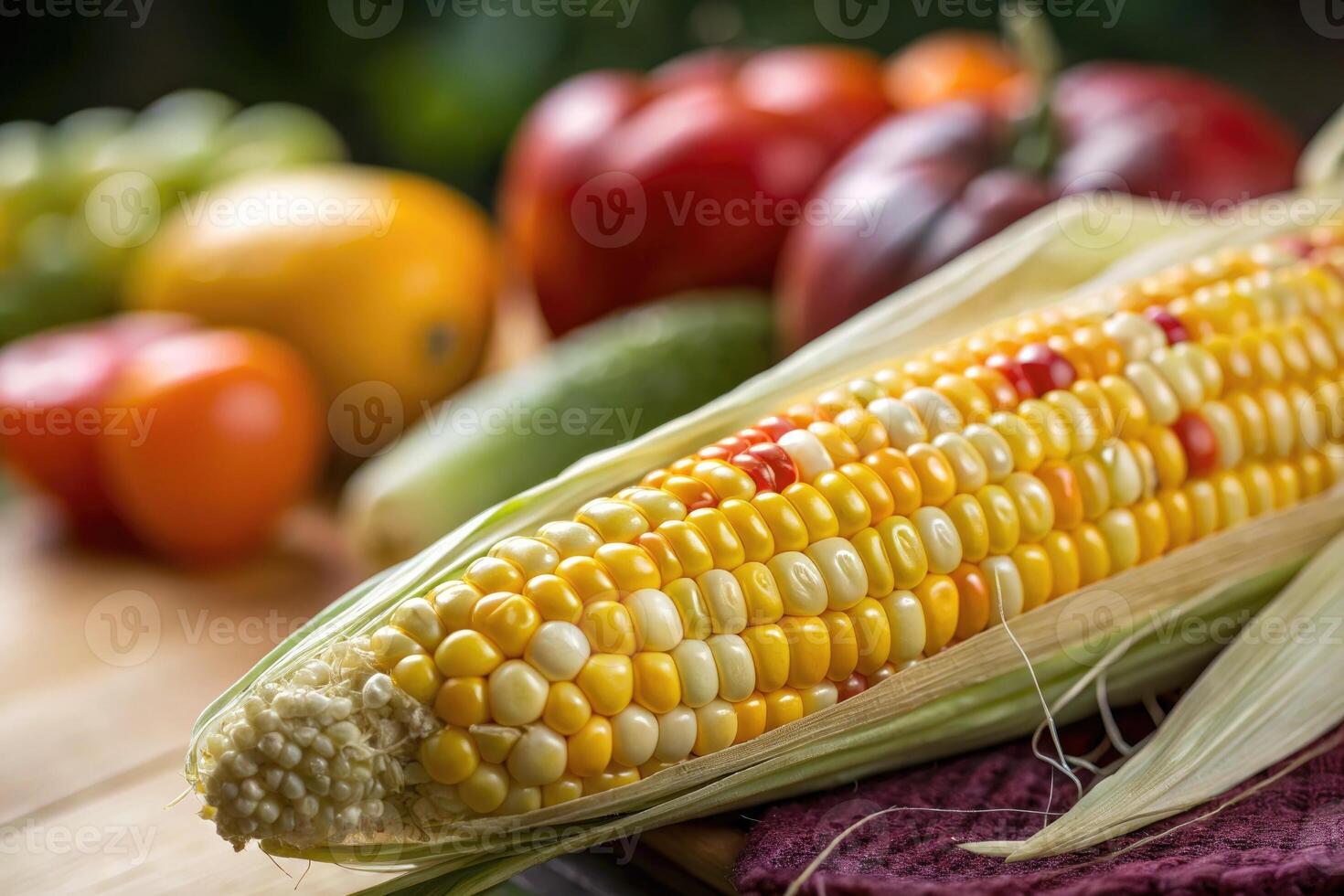 Fresh corn and assorted fruits and vegetables displayed on a wooden table in a natural setting photo
