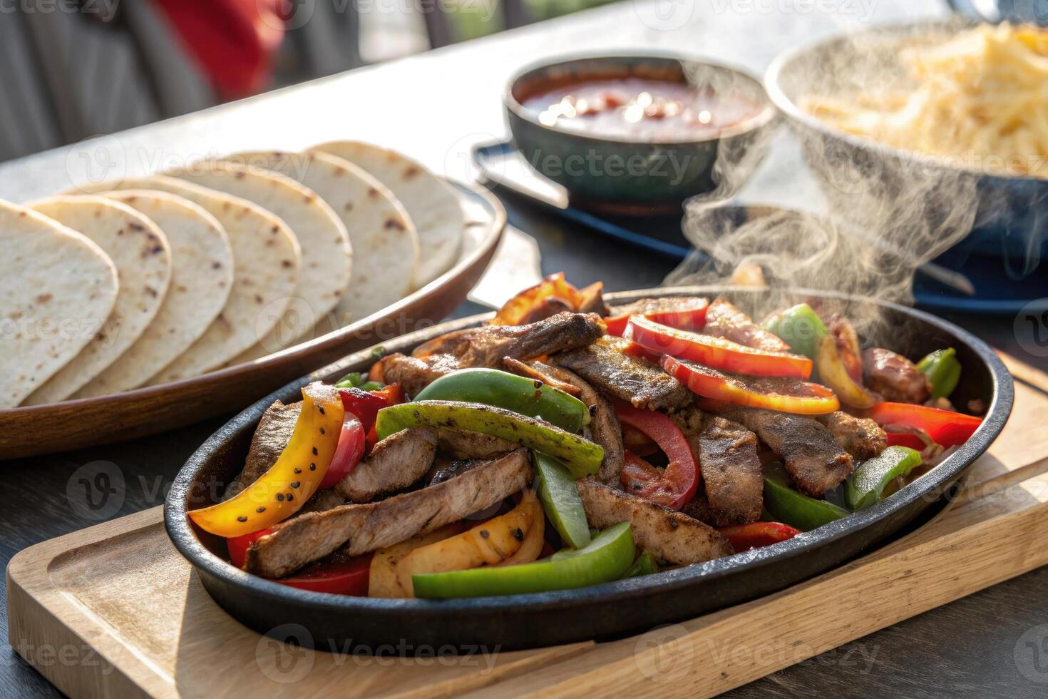 Sizzling platter of grilled meat with colorful vegetables served alongside tortillas photo
