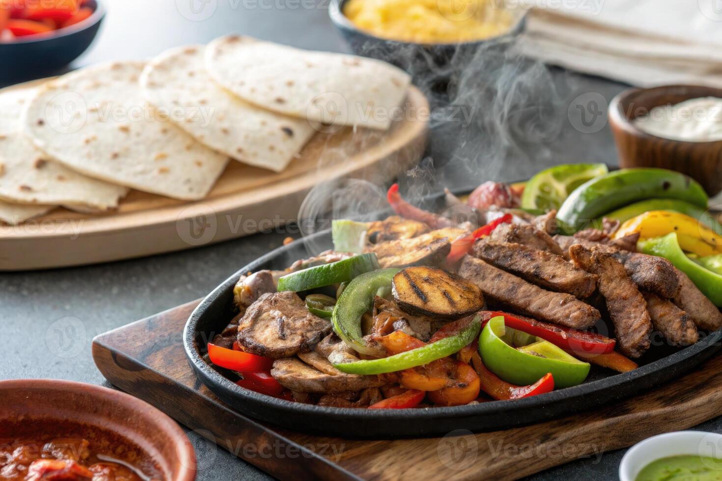 Sizzling fajitas served on a hot skillet with colorful vegetables and tortillas photo