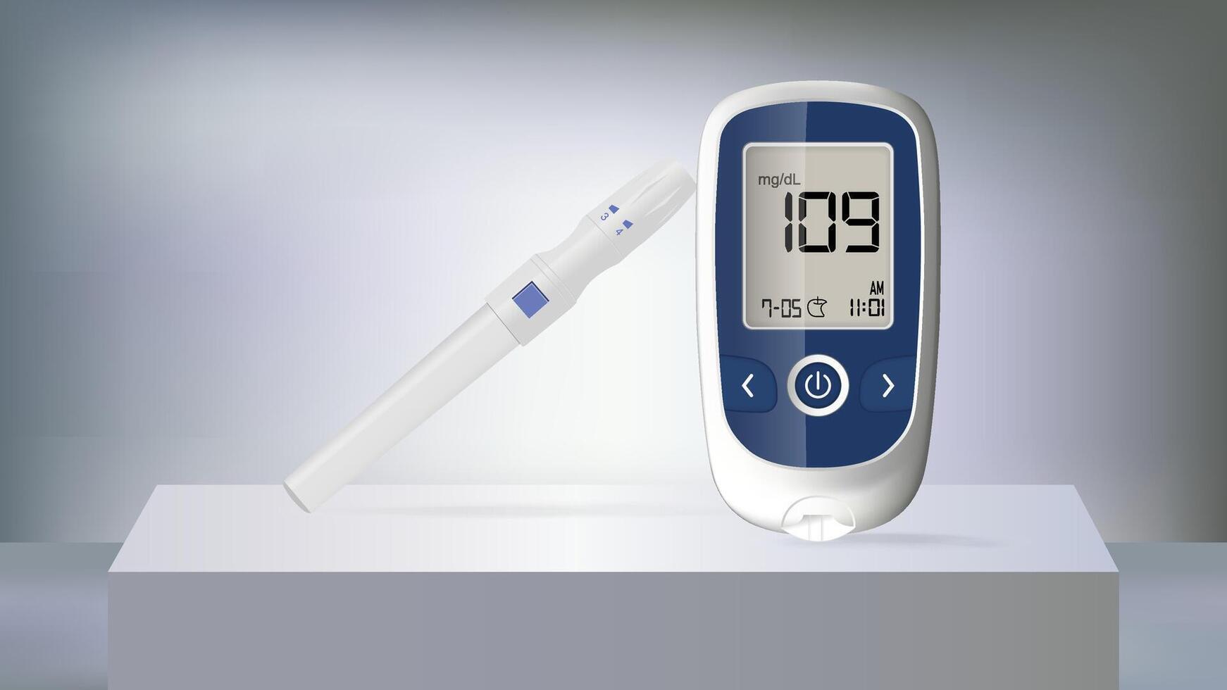 Realistic blood glucose testing device with injection on a 3d stage vector