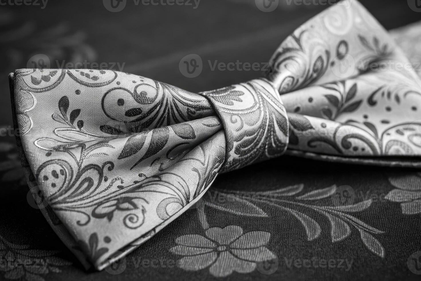 Elegant patterned bow tie resting on a decorative surface with floral motifs in black and white photo