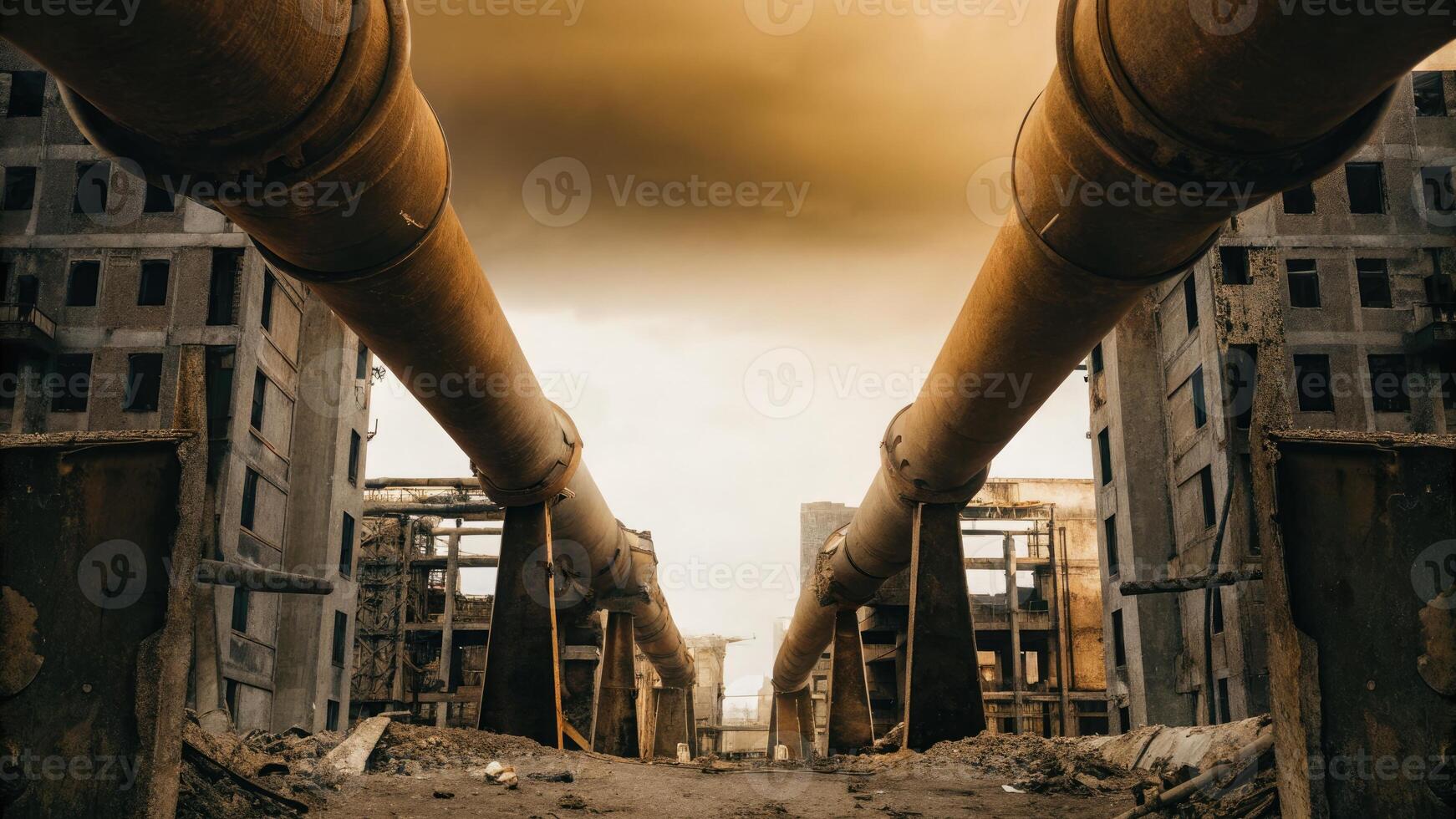 Post-apocalyptic landscape showcasing the impact of environmental pollution and ecological damage photo