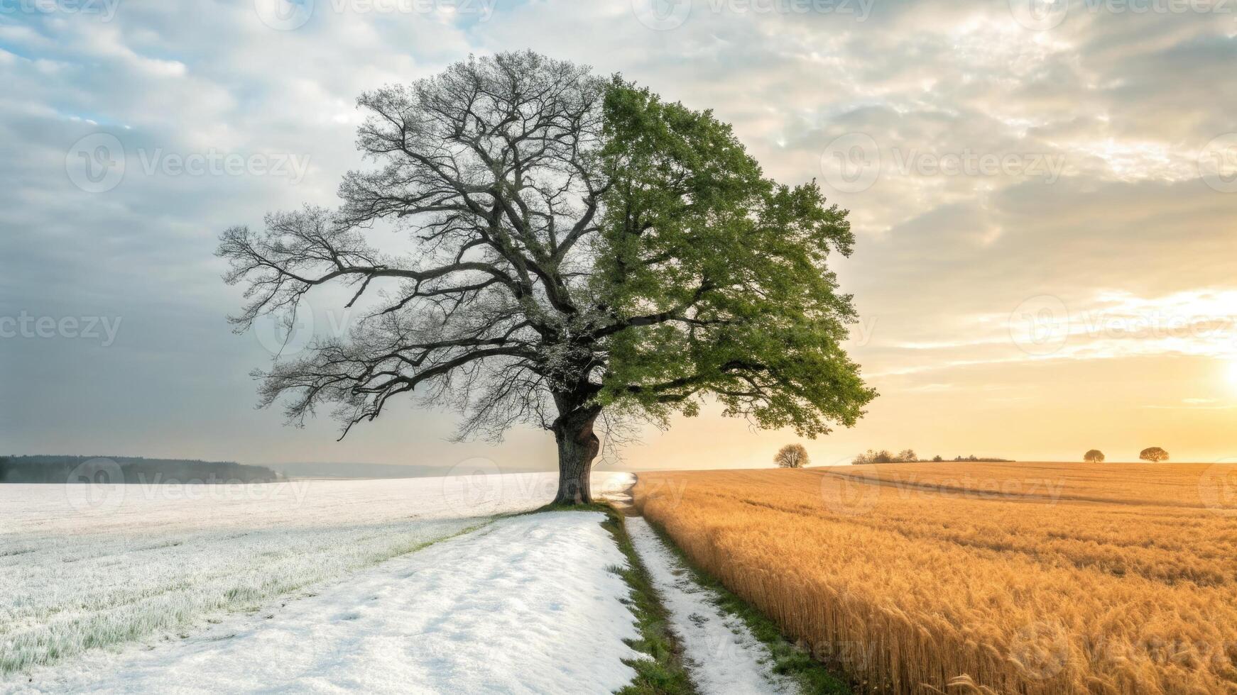 Transition of Seasons Visible Through a Majestic Tree in a Rural Landscape photo