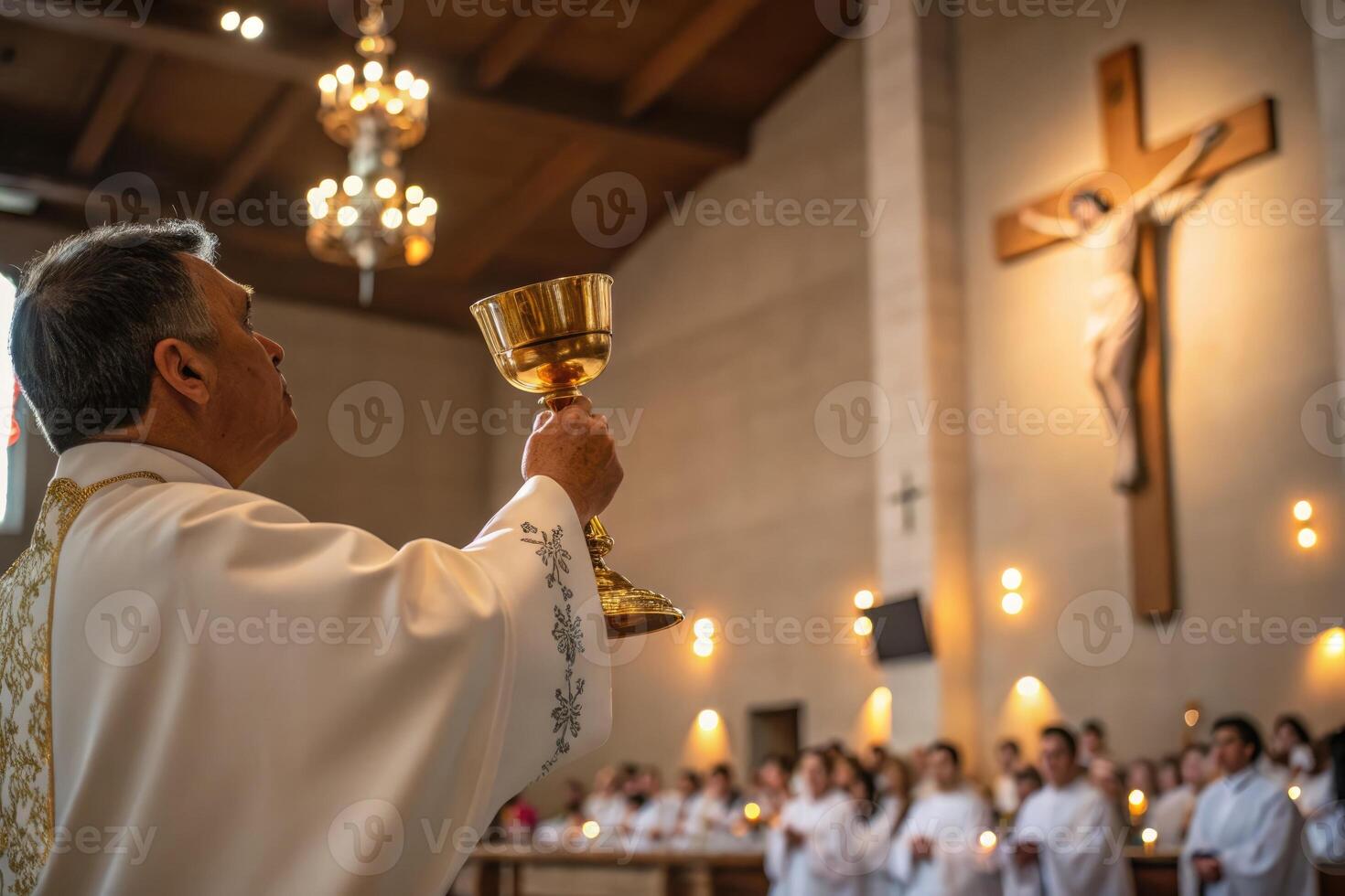 Celebration of Easter Mass with a solemn procession and reflection in a beautiful church photo
