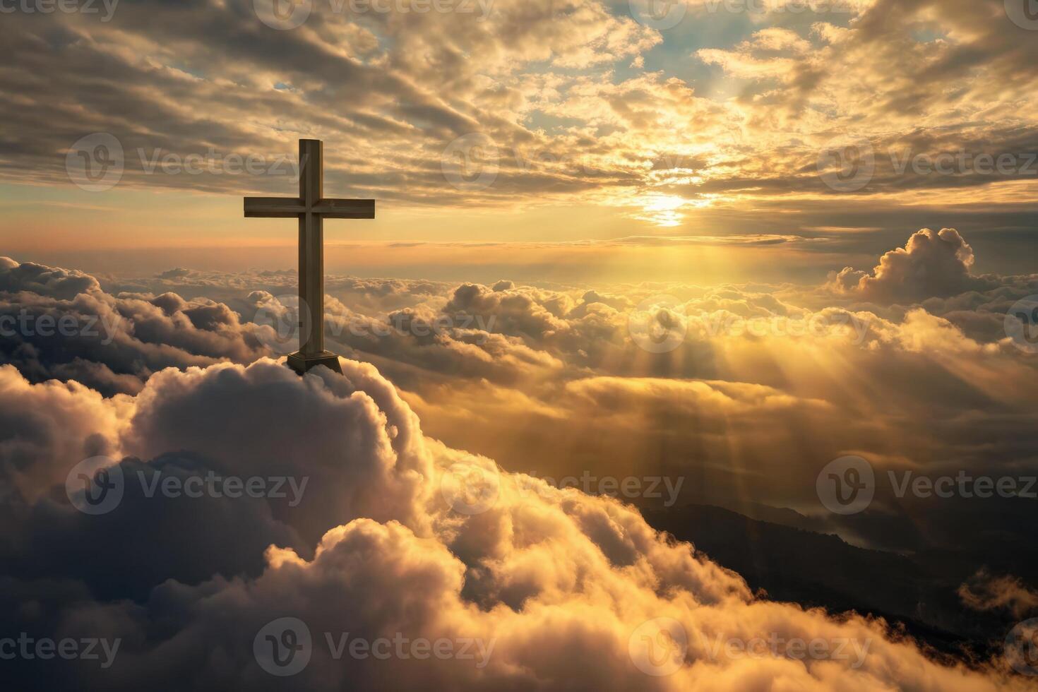 Cross emerges from clouds at sunset, symbolizing hope and faith in Christianity photo