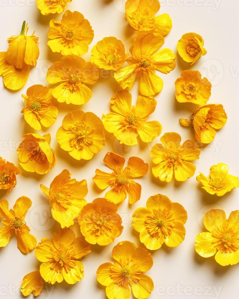 Top view Yellow flowers Buttercup on pastel beige background, minimal monochrome aesthetic floral flat lay. Beautiful nature still life with wildflower, flowery design, textured nature pattern photo