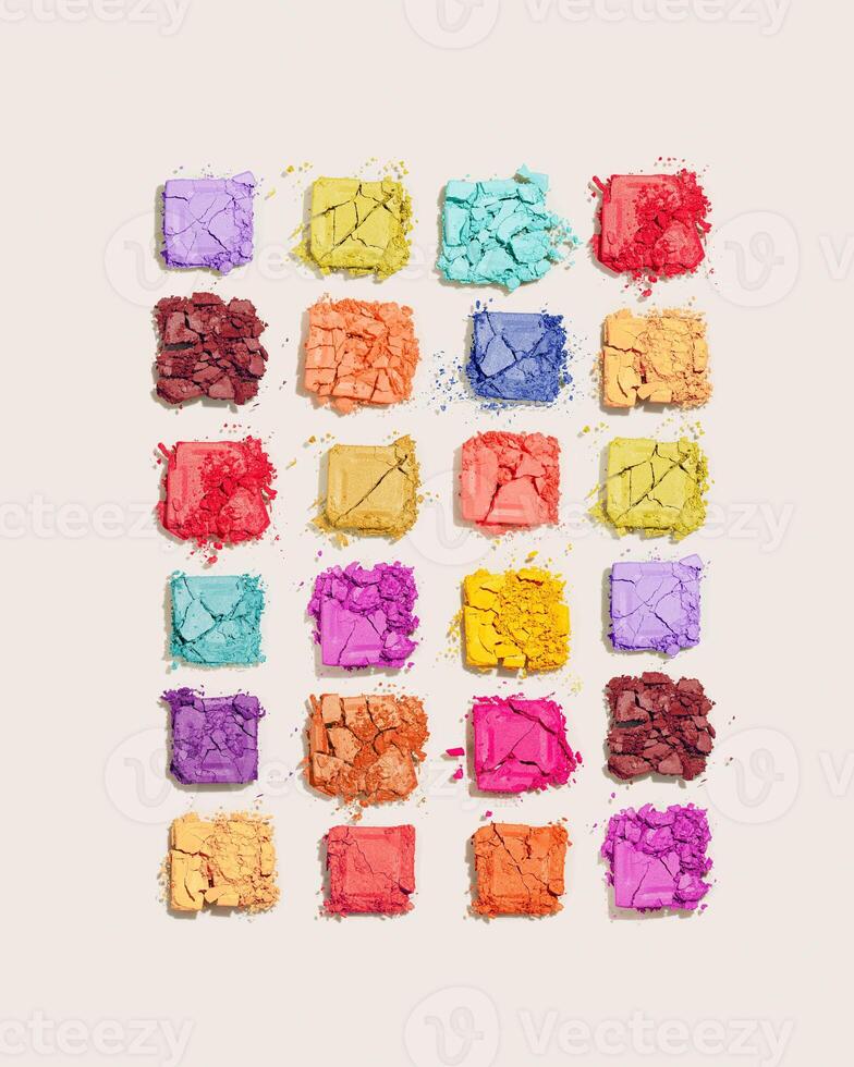 Vivid colored eye shadow makeup palette, crushed powder swatches. Woman cosmetic and beauty product, aesthetic background, close up texture, tender pastel color glitter eyeshade pattern photo