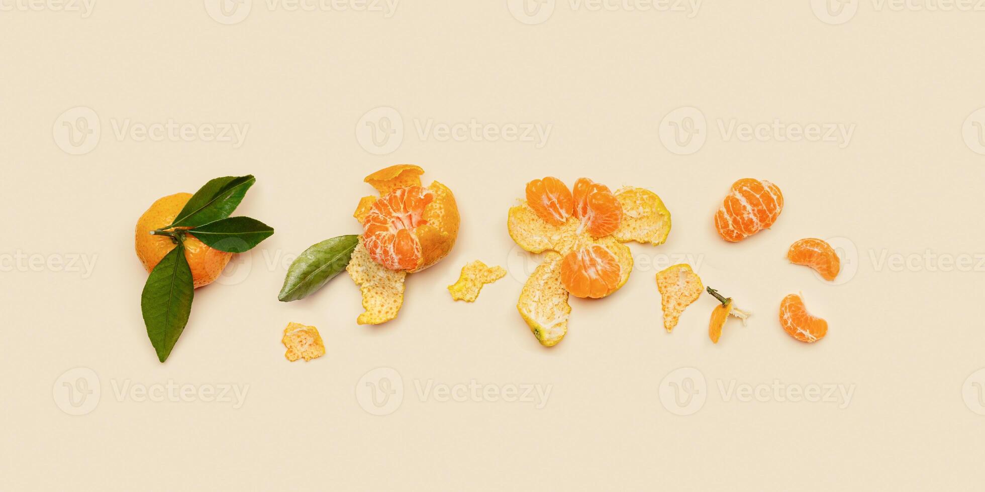 Set of fresh orange yellow tangerines with green leaves, whole and pieces on beige background, minimal style flat lay. Citrus fruits mandarines as still life aesthetic banner, top view pattern photo
