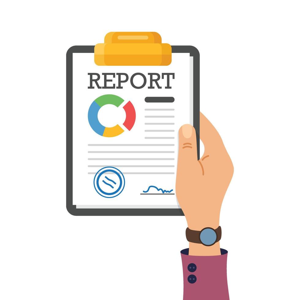 Hand holding report on clipboard vector