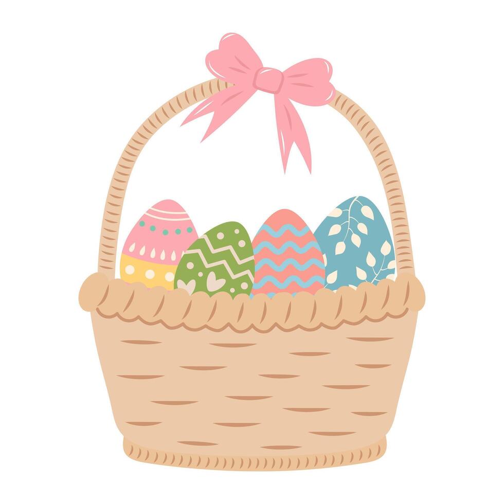 Cute basket with Easter eggs and bow isolated on white background. vector
