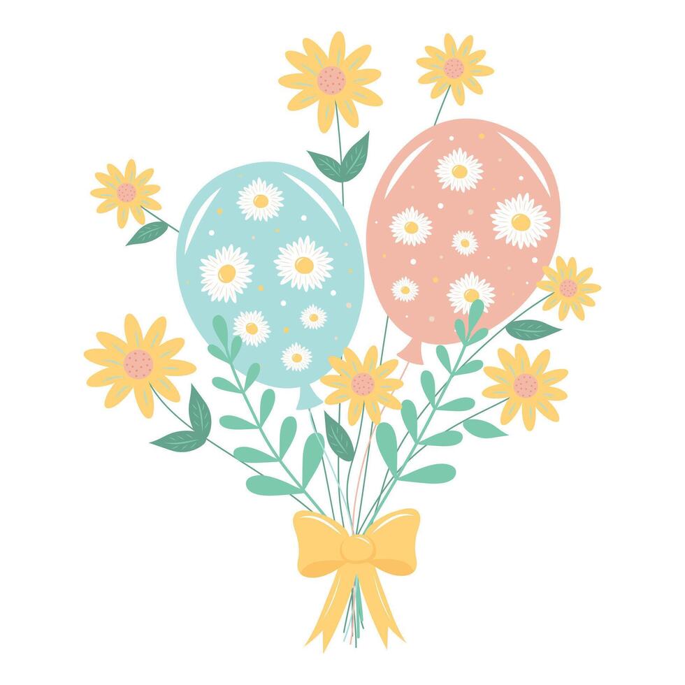 Bouquet of balloons, daisies and twigs with a bow isolated on white background. vector