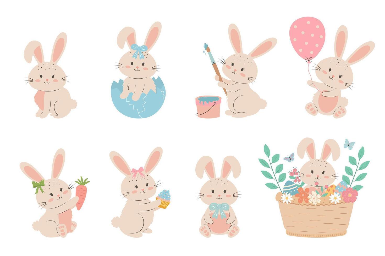 Easter bunny set on white background. Cute pastel rabbits in different poses. vector