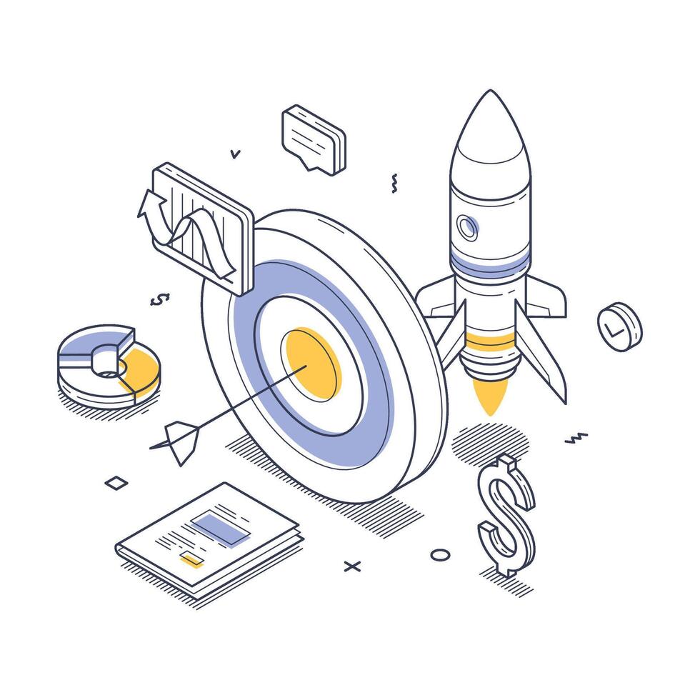 Business strategy development with isometric line art illustration vector