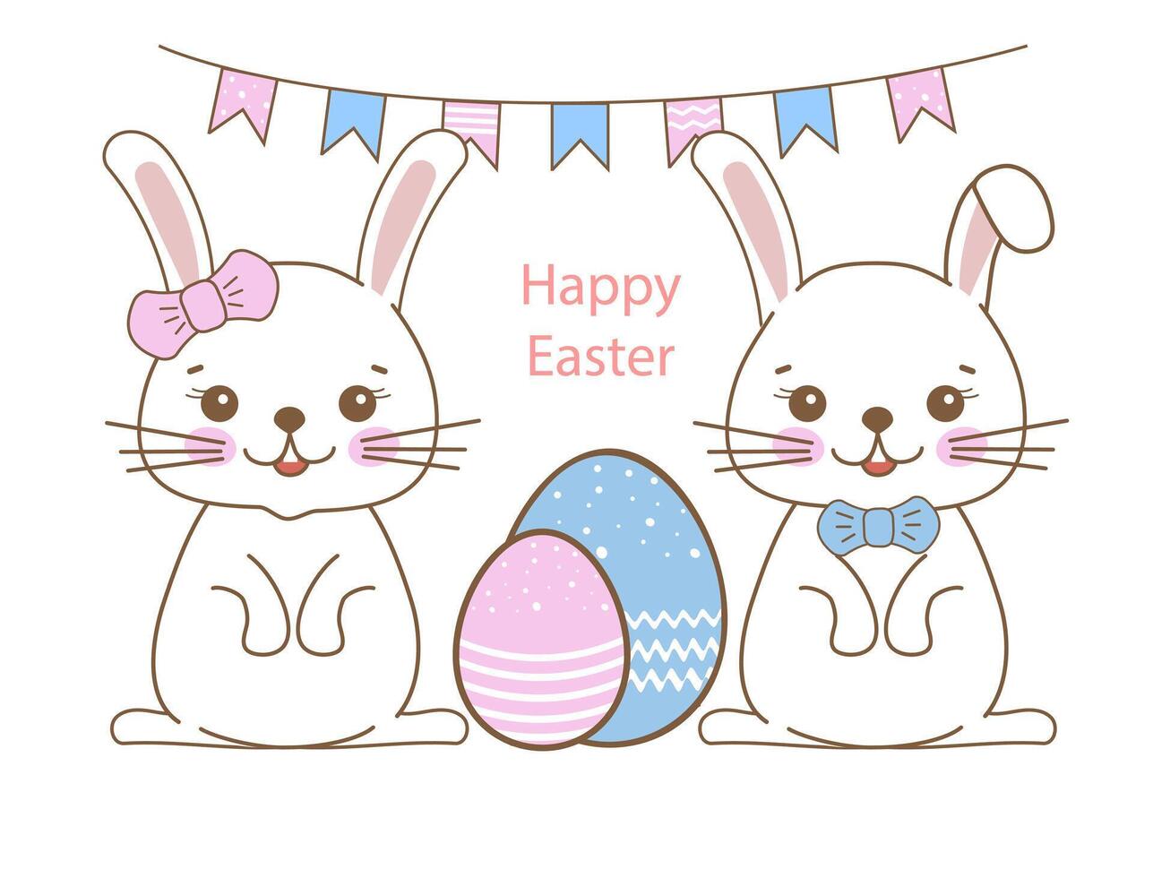 Cute easter bunnies with bow ties and eggs surrounded by festive bunting vector