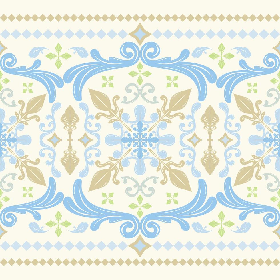 The symmetrical nature of the design, along with the intricate detailed makes it well-suited for use in textiles wallpapers ceramic tilework. sophisticated and timeless seamless border Royal pattern vector